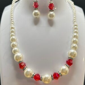 Elegant Pearl and Red Crystal Jewelry Set